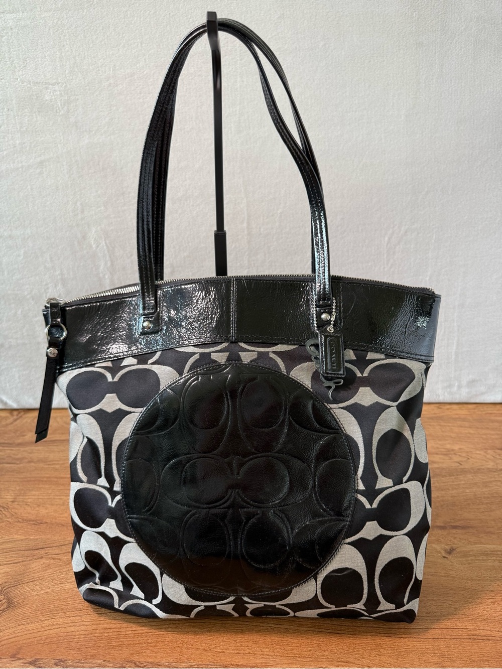 Coach F18886 OP Art C Print Tote Bag with Black Patent Leather